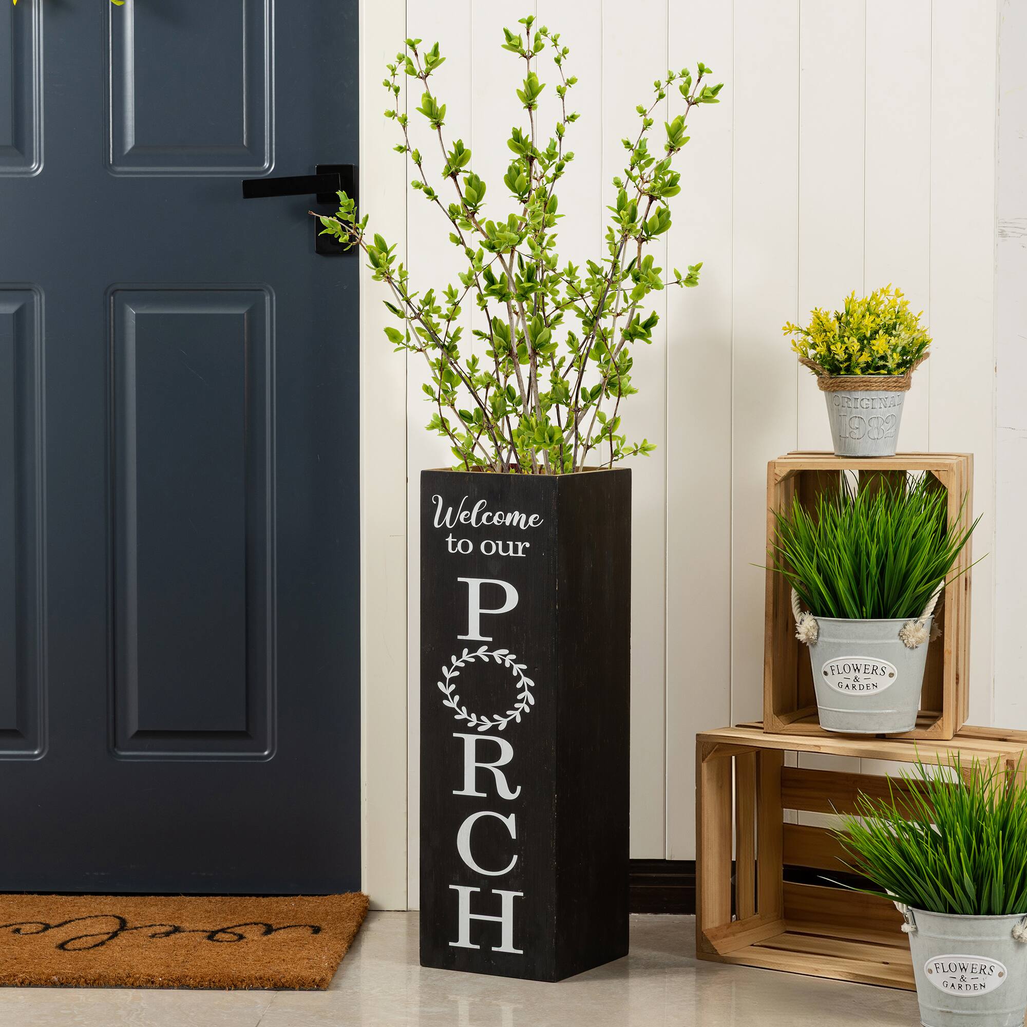 Glitzhome® 24" Double-Sided Solid Wood Black Boxed "WELCOME PORCH" Porch Sign
